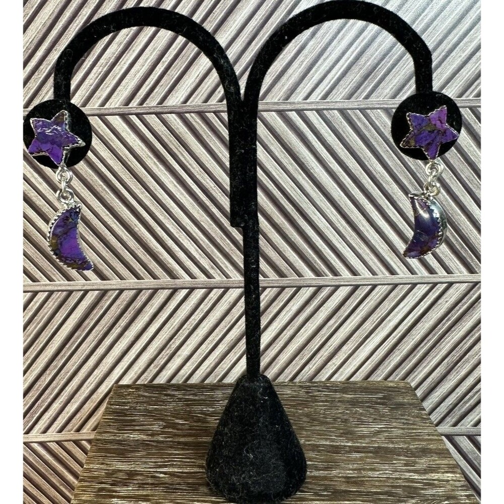 Native Southwest Sterling Purple Mojave Turquoise Moon/Star Dangle Earrings